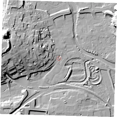 Shaded relief map of the ground around BN72LE, computed from Environment Agency LiDAR. The ground here sits at about 5 m above sea level and falls 43 m across the surrounding 800 m. Surface water reaching this point runs off ground lying to the west-north-west, 15.6 m higher.