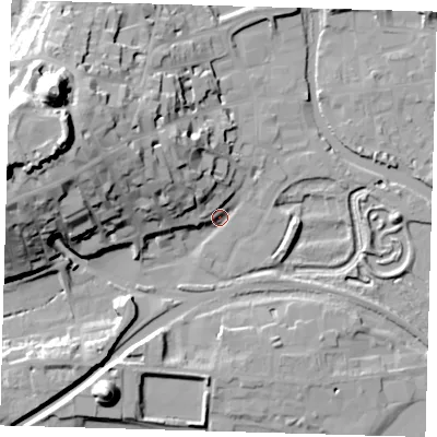 Shaded relief map of the ground around BN72LF, computed from Environment Agency LiDAR. The ground here sits at about 6 m above sea level and falls 43 m across the surrounding 800 m. Surface water reaching this point runs off ground lying to the west-north-west, 37.3 m higher.