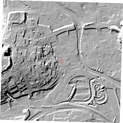 Shaded relief map of the ground around BN72LG, computed from Environment Agency LiDAR. The ground here sits at about 5 m above sea level and falls 43 m across the surrounding 800 m. Surface water reaching this point runs off ground lying to the west-south-west, 13.1 m higher.