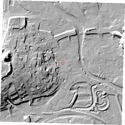 Shaded relief map of the ground around BN72LH, computed from Environment Agency LiDAR. The ground here sits at about 5 m above sea level and falls 43 m across the surrounding 800 m. Surface water reaching this point runs off ground lying to the west, 25.3 m higher.