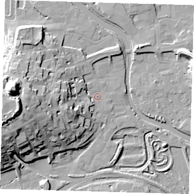 Shaded relief map of the ground around BN72LL, computed from Environment Agency LiDAR. The ground here sits at about 5 m above sea level and falls 43 m across the surrounding 800 m. Surface water reaching this point runs off ground lying to the west, 25.3 m higher.