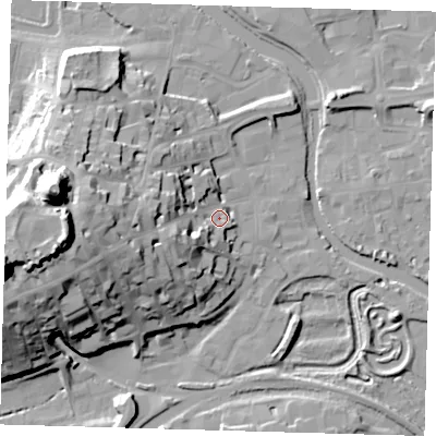 Shaded relief map of the ground around BN72LN, computed from Environment Agency LiDAR. The ground here sits at about 8 m above sea level and falls 44 m across the surrounding 800 m. Surface water reaching this point runs off ground lying to the west, 22.8 m higher.