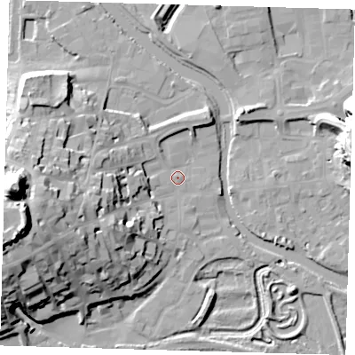 Shaded relief map of the ground around BN72LP, computed from Environment Agency LiDAR. The ground here sits at about 5 m above sea level and falls 43 m across the surrounding 800 m. Surface water reaching this point runs off ground lying to the west-south-west, 25.4 m higher.