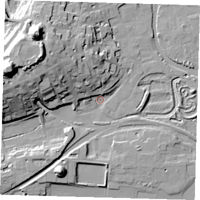 Shaded relief map of the ground around BN72LW, computed from Environment Agency LiDAR. The ground here sits at about 4 m above sea level and falls 49 m across the surrounding 800 m. Surface water reaching this point runs off ground lying to the west-north-west, 46.7 m higher.