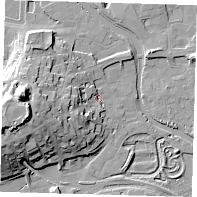 Shaded relief map of the ground around BN72NH, computed from Environment Agency LiDAR. The ground here sits at about 5 m above sea level and falls 43 m across the surrounding 800 m. Surface water reaching this point runs off ground lying to the west, 25.3 m higher.