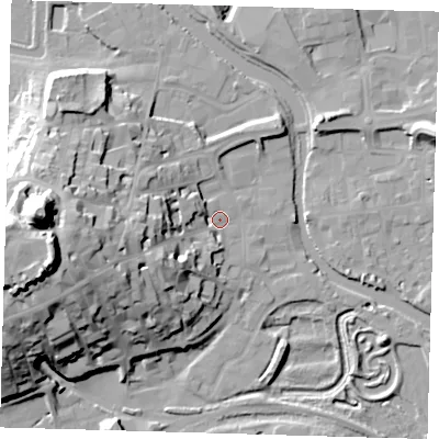 Shaded relief map of the ground around BN72NN, computed from Environment Agency LiDAR. The ground here sits at about 6 m above sea level and falls 43 m across the surrounding 800 m. Surface water reaching this point runs off ground lying to the west, 25.3 m higher.