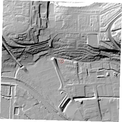 Shaded relief map of the ground around BN72NW, computed from Environment Agency LiDAR. The ground here sits at about 5 m above sea level and falls 36 m across the surrounding 800 m. Surface water reaching this point runs off ground lying to the east-north-east, 26.3 m higher.
