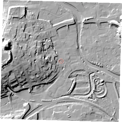 Shaded relief map of the ground around BN72PB, computed from Environment Agency LiDAR. The ground here sits at about 5 m above sea level and falls 43 m across the surrounding 800 m. Surface water reaching this point runs off ground lying to the west, 7.2 m higher.