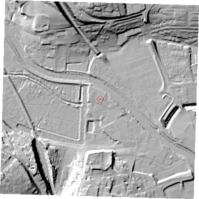 Shaded relief map of the ground around BN72PE, computed from Environment Agency LiDAR. The ground here sits at about 5 m above sea level and falls 36 m across the surrounding 800 m. Surface water reaching this point runs off ground lying to the east-north-east, 1.5 m higher.