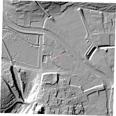 Shaded relief map of the ground around BN72PF, computed from Environment Agency LiDAR. The ground here sits at about 5 m above sea level and falls 43 m across the surrounding 800 m. Surface water reaching this point runs off ground lying to the west, 1.0 m higher.