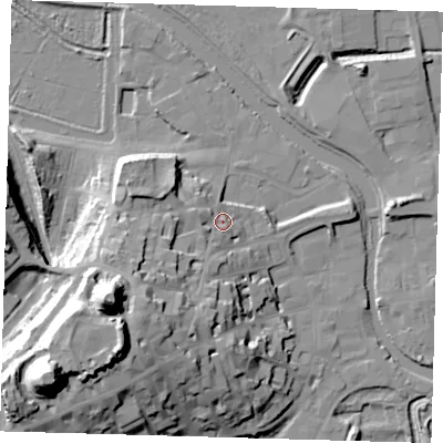 Shaded relief map of the ground around BN72PH, computed from Environment Agency LiDAR. The ground here sits at about 10 m above sea level and falls 49 m across the surrounding 800 m. Surface water reaching this point runs off ground lying to the south-west, 21.1 m higher.