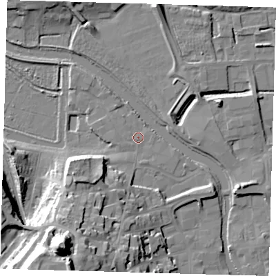 Shaded relief map of the ground around BN72PJ, computed from Environment Agency LiDAR. The ground here sits at about 5 m above sea level and falls 43 m across the surrounding 800 m. Surface water reaching this point runs off ground lying to the south, 1.3 m higher.