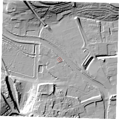 Shaded relief map of the ground around BN72PL, computed from Environment Agency LiDAR. The ground here sits at about 5 m above sea level and falls 27 m across the surrounding 800 m. Surface water reaching this point runs off ground lying to the south-south-west, 21.4 m higher.