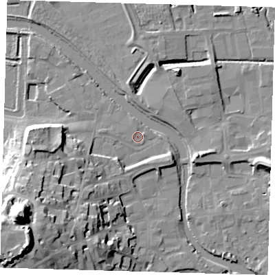 Shaded relief map of the ground around BN72QJ, computed from Environment Agency LiDAR. The ground here sits at about 4 m above sea level and falls 43 m across the surrounding 800 m. Surface water reaching this point runs off ground lying to the west, 1.5 m higher.