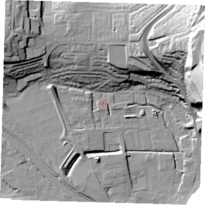 Shaded relief map of the ground around BN72QW, computed from Environment Agency LiDAR. The ground here sits at about 4 m above sea level and falls 59 m across the surrounding 800 m. Surface water reaching this point runs off ground lying to the north-east, 28.1 m higher.