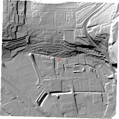 Shaded relief map of the ground around BN72QX, computed from Environment Agency LiDAR. The ground here sits at about 3 m above sea level and falls 56 m across the surrounding 800 m. Surface water reaching this point runs off ground lying to the north-east, 27.9 m higher.
