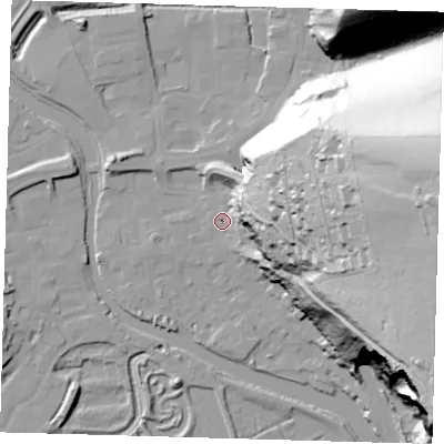 Shaded relief map of the ground around BN72RA, computed from Environment Agency LiDAR. The ground here sits at about 4 m above sea level and falls 90 m across the surrounding 800 m. Surface water reaching this point runs off ground lying to the east, 85.3 m higher.