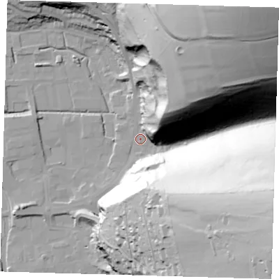 Shaded relief map of the ground around BN72RB, computed from Environment Agency LiDAR. The ground here sits at about 5 m above sea level and falls 124 m across the surrounding 800 m. Surface water reaching this point runs off ground lying to the north-east, 120.8 m higher.