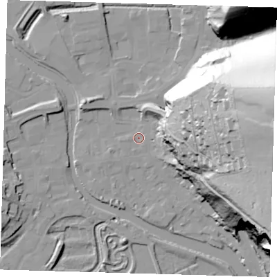 Shaded relief map of the ground around BN72RD, computed from Environment Agency LiDAR. The ground here sits at about 4 m above sea level and falls 86 m across the surrounding 800 m. Surface water reaching this point runs off ground lying to the east, 0.8 m higher.