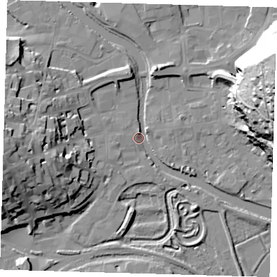 Shaded relief map of the ground around BN72RE, computed from Environment Agency LiDAR. The ground here sits at about 3 m above sea level and falls 58 m across the surrounding 800 m. Surface water reaching this point runs off ground lying to the east-north-east, 56.3 m higher.