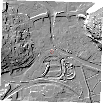 Shaded relief map of the ground around BN72RF, computed from Environment Agency LiDAR. The ground here sits at about 5 m above sea level and falls 59 m across the surrounding 800 m. Surface water reaching this point runs off ground lying to the north-west, 0.9 m higher.