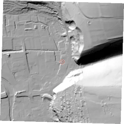 Shaded relief map of the ground around BN72RG, computed from Environment Agency LiDAR. The ground here sits at about 4 m above sea level and falls 121 m across the surrounding 800 m. Surface water reaching this point runs off ground lying to the north-east, 120.5 m higher.