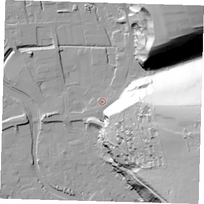 Shaded relief map of the ground around BN72RH, computed from Environment Agency LiDAR. The ground here sits at about 4 m above sea level and falls 92 m across the surrounding 800 m. Surface water reaching this point runs off ground lying to the east, 71.7 m higher.