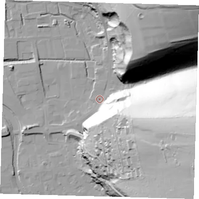Shaded relief map of the ground around BN72RJ, computed from Environment Agency LiDAR. The ground here sits at about 5 m above sea level and falls 107 m across the surrounding 800 m. Surface water reaching this point runs off ground lying to the south-east, 63.9 m higher.