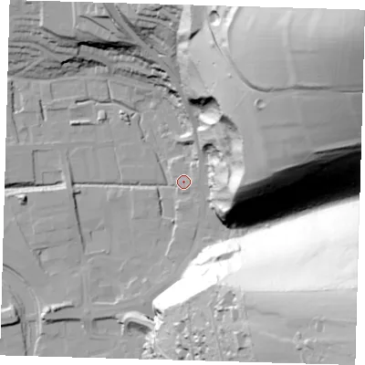 Shaded relief map of the ground around BN72RN, computed from Environment Agency LiDAR. The ground here sits at about 5 m above sea level and falls 125 m across the surrounding 800 m. Surface water reaching this point runs off ground lying to the north-east, 124.4 m higher.