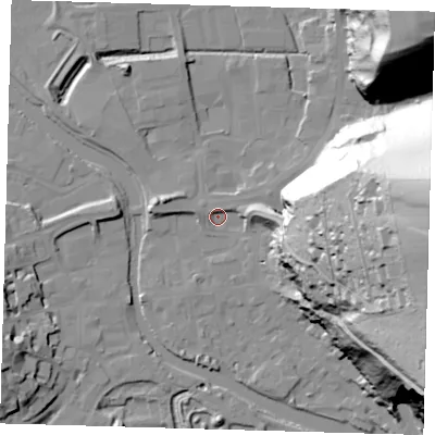 Shaded relief map of the ground around BN72RY, computed from Environment Agency LiDAR. The ground here sits at about 4 m above sea level and falls 80 m across the surrounding 800 m. Surface water reaching this point runs off ground lying to the east-north-east, 2.4 m higher.