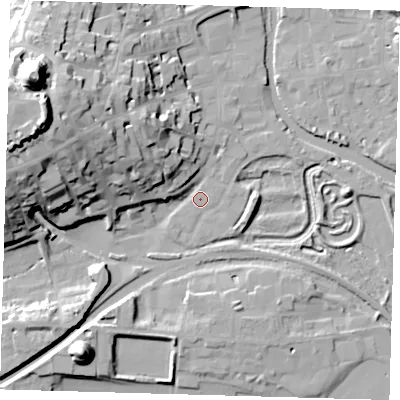 Shaded relief map of the ground around BN72RZ, computed from Environment Agency LiDAR. The ground here sits at about 5 m above sea level and falls 43 m across the surrounding 800 m. Surface water reaching this point runs off ground lying to the west-north-west, 32.5 m higher.