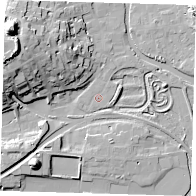 Shaded relief map of the ground around BN72SA, computed from Environment Agency LiDAR. The ground here sits at about 5 m above sea level and falls 43 m across the surrounding 800 m. Surface water reaching this point runs off ground lying to the east-south-east, 1.0 m higher.