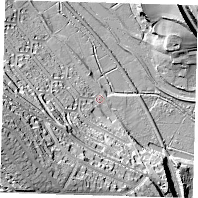Shaded relief map of the ground around BN72SN, computed from Environment Agency LiDAR. The ground here sits at about 6 m above sea level and falls 62 m across the surrounding 800 m. Surface water reaching this point runs off ground lying to the west-south-west, 30.4 m higher.