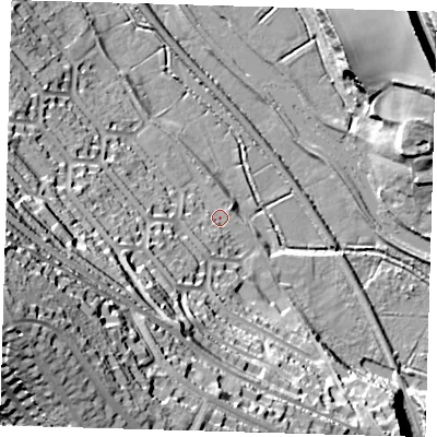 Shaded relief map of the ground around BN72SU, computed from Environment Agency LiDAR. The ground here sits at about 5 m above sea level and falls 66 m across the surrounding 800 m. Surface water reaching this point runs off ground lying to the south-south-west, 5.8 m higher.