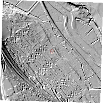 Shaded relief map of the ground around BN72SX, computed from Environment Agency LiDAR. The ground here sits at about 5 m above sea level and falls 70 m across the surrounding 800 m. Surface water reaching this point runs off ground lying to the south-west, 66.8 m higher.