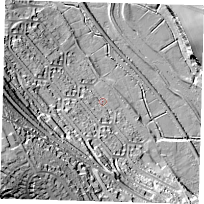Shaded relief map of the ground around BN72SY, computed from Environment Agency LiDAR. The ground here sits at about 7 m above sea level and falls 70 m across the surrounding 800 m. Surface water reaching this point runs off ground lying to the south-west, 40.4 m higher.