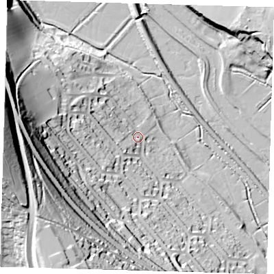 Shaded relief map of the ground around BN72TG, computed from Environment Agency LiDAR. The ground here sits at about 8 m above sea level and falls 75 m across the surrounding 800 m. Surface water reaching this point runs off ground lying to the south-west, 13.4 m higher.