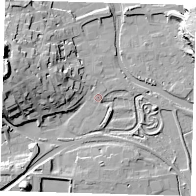 Shaded relief map of the ground around BN72UF, computed from Environment Agency LiDAR. The ground here sits at about 5 m above sea level and falls 43 m across the surrounding 800 m. Surface water reaching this point runs off ground lying to the west-north-west, 34.7 m higher.