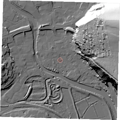 Shaded relief map of the ground around BN72UG, computed from Environment Agency LiDAR. The ground here sits at about 4 m above sea level and falls 82 m across the surrounding 800 m. Surface water reaching this point runs off ground lying to the south-west, 1.8 m higher.