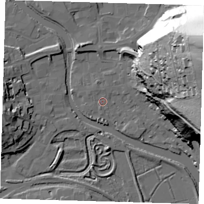 Shaded relief map of the ground around BN72UH, computed from Environment Agency LiDAR. The ground here sits at about 4 m above sea level and falls 78 m across the surrounding 800 m. Surface water reaching this point runs off ground lying to the north, 1.0 m higher.