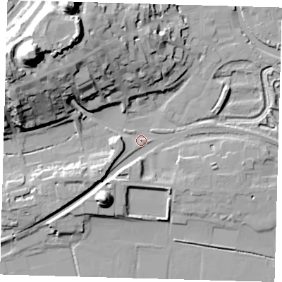 Shaded relief map of the ground around BN72UP, computed from Environment Agency LiDAR. The ground here sits at about 5 m above sea level and falls 49 m across the surrounding 800 m. Surface water reaching this point runs off ground lying to the west-north-west, 29.5 m higher.