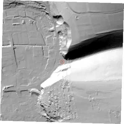 Shaded relief map of the ground around BN72UQ, computed from Environment Agency LiDAR. The ground here sits at about 4 m above sea level and falls 120 m across the surrounding 800 m. Surface water reaching this point runs off ground lying to the north-east, 116.8 m higher.