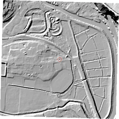Shaded relief map of the ground around BN72UW, computed from Environment Agency LiDAR. The ground here sits at about 5 m above sea level and falls 71 m across the surrounding 800 m. Surface water reaching this point runs off ground lying to the west, 4.6 m higher.