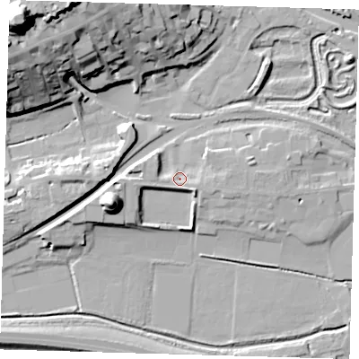 Shaded relief map of the ground around BN72UY, computed from Environment Agency LiDAR. The ground here sits at about 7 m above sea level and falls 49 m across the surrounding 800 m. Surface water reaching this point runs off ground lying to the west, 4.0 m higher.