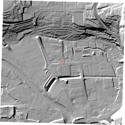 Shaded relief map of the ground around BN72WZ, computed from Environment Agency LiDAR. The ground here sits at about 4 m above sea level and falls 54 m across the surrounding 800 m. Surface water reaching this point runs off ground lying to the south-south-east, 8.5 m higher.