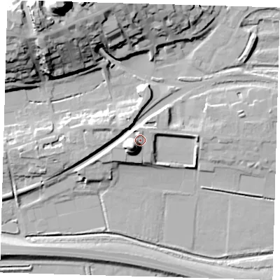 Shaded relief map of the ground around BN72XA, computed from Environment Agency LiDAR. The ground here sits at about 11 m above sea level and falls 49 m across the surrounding 800 m. Surface water reaching this point runs off ground lying to the south-west, 13.1 m higher.