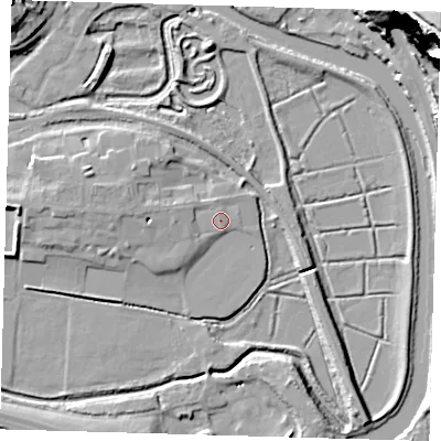 Shaded relief map of the ground around BN72XG, computed from Environment Agency LiDAR. The ground here sits at about 5 m above sea level and falls 70 m across the surrounding 800 m. Surface water reaching this point runs off ground lying to the west, 2.4 m higher.