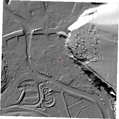 Shaded relief map of the ground around BN72XX, computed from Environment Agency LiDAR. The ground here sits at about 4 m above sea level and falls 88 m across the surrounding 800 m. Surface water reaching this point runs off ground lying to the east-north-east, 34.3 m higher.