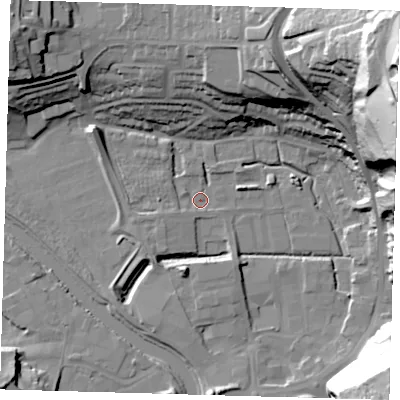 Shaded relief map of the ground around BN72XZ, computed from Environment Agency LiDAR. The ground here sits at about 3 m above sea level and falls 63 m across the surrounding 800 m. Surface water reaching this point runs off ground lying to the south-south-west, 8.5 m higher.