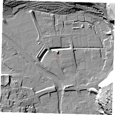 Shaded relief map of the ground around BN72YG, computed from Environment Agency LiDAR. The ground here sits at about 5 m above sea level and falls 56 m across the surrounding 800 m. Surface water reaching this point runs off ground lying to the north, 4.3 m higher.